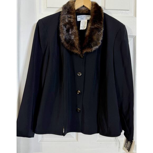 NEW Jessica Howard Black Button Jacket Brown Faux Fur Trim Size 20 Woman Petite - Picture 1 of 2